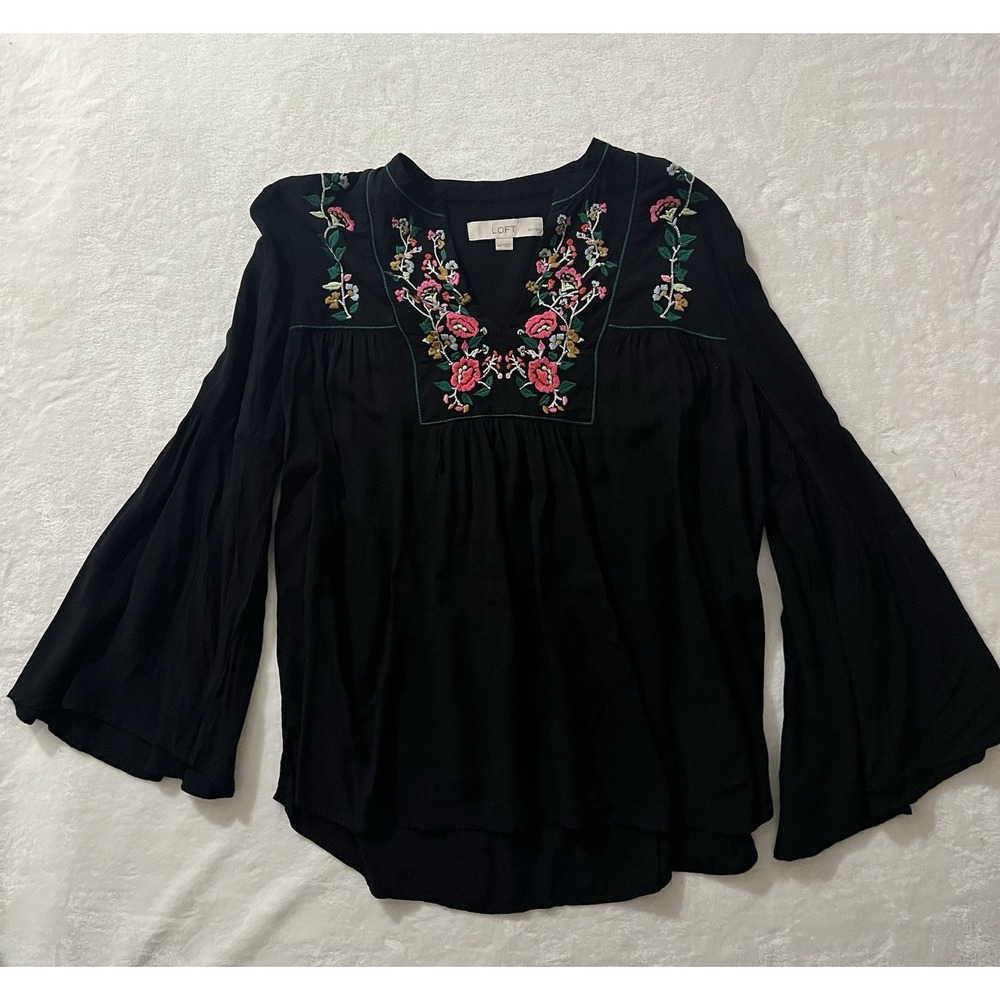 LOFT Black Floral Embroidered Bell Sleeve Boho Peasant Blouse Petite XS